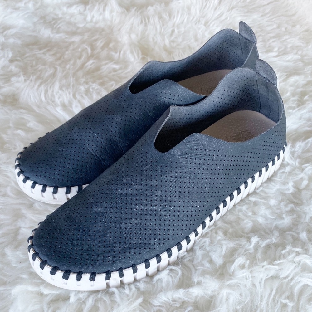 GC Shoes Perforated Leather Slip On Sneaker Metallic Black Size 38